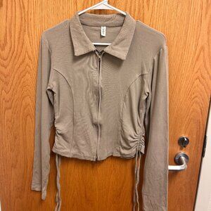 Chic Taupe Ruched Zip-Up Collared Top | Fitted Long Sleeve | Y2K Minimal